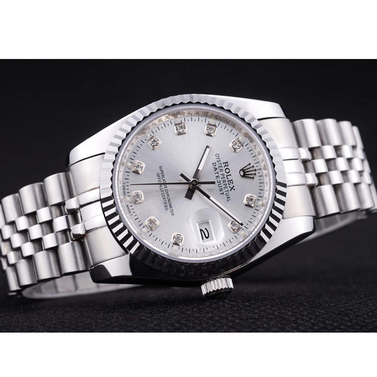 Aaa fake watches Diamonds Bezel Rolex Dial Silver Datejust 7455 Ribbed 0517